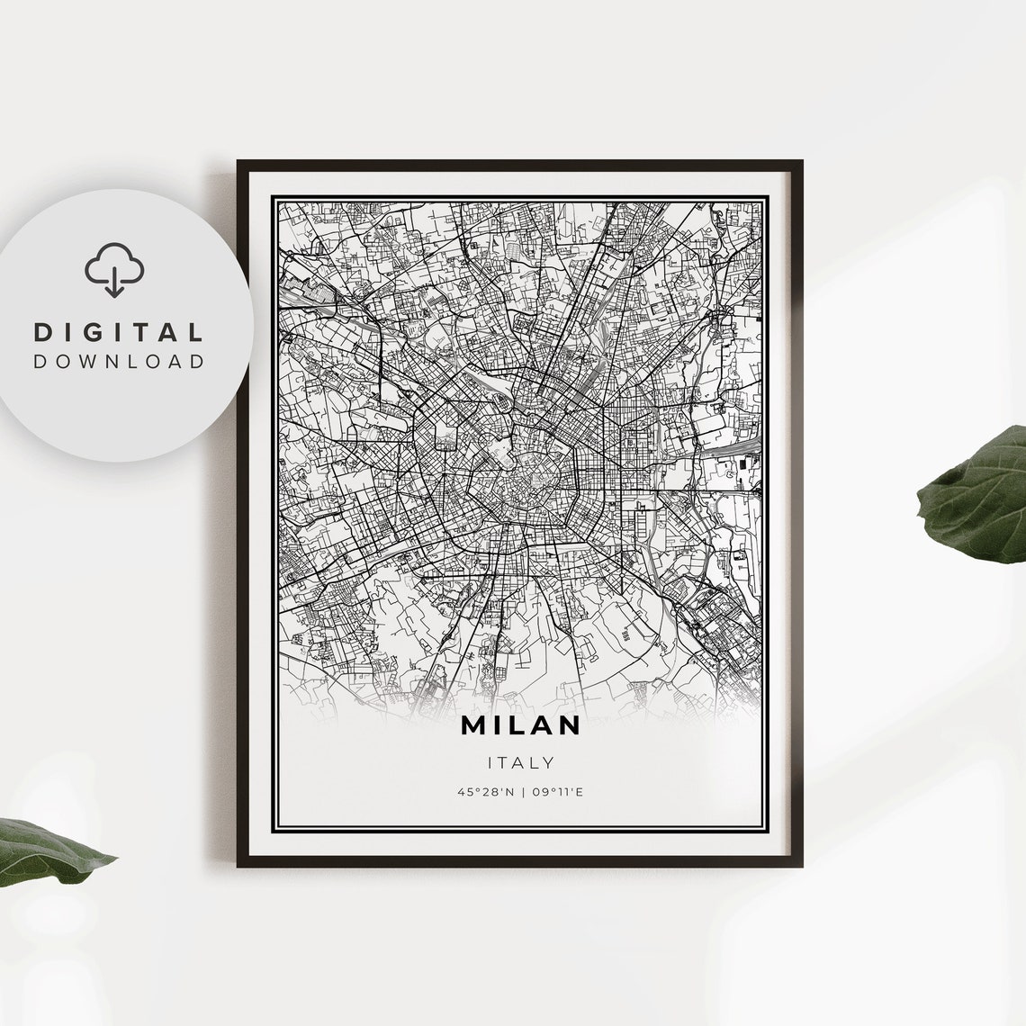 Milan Italy City Street Map Coordinates Modern Black Wall Poster