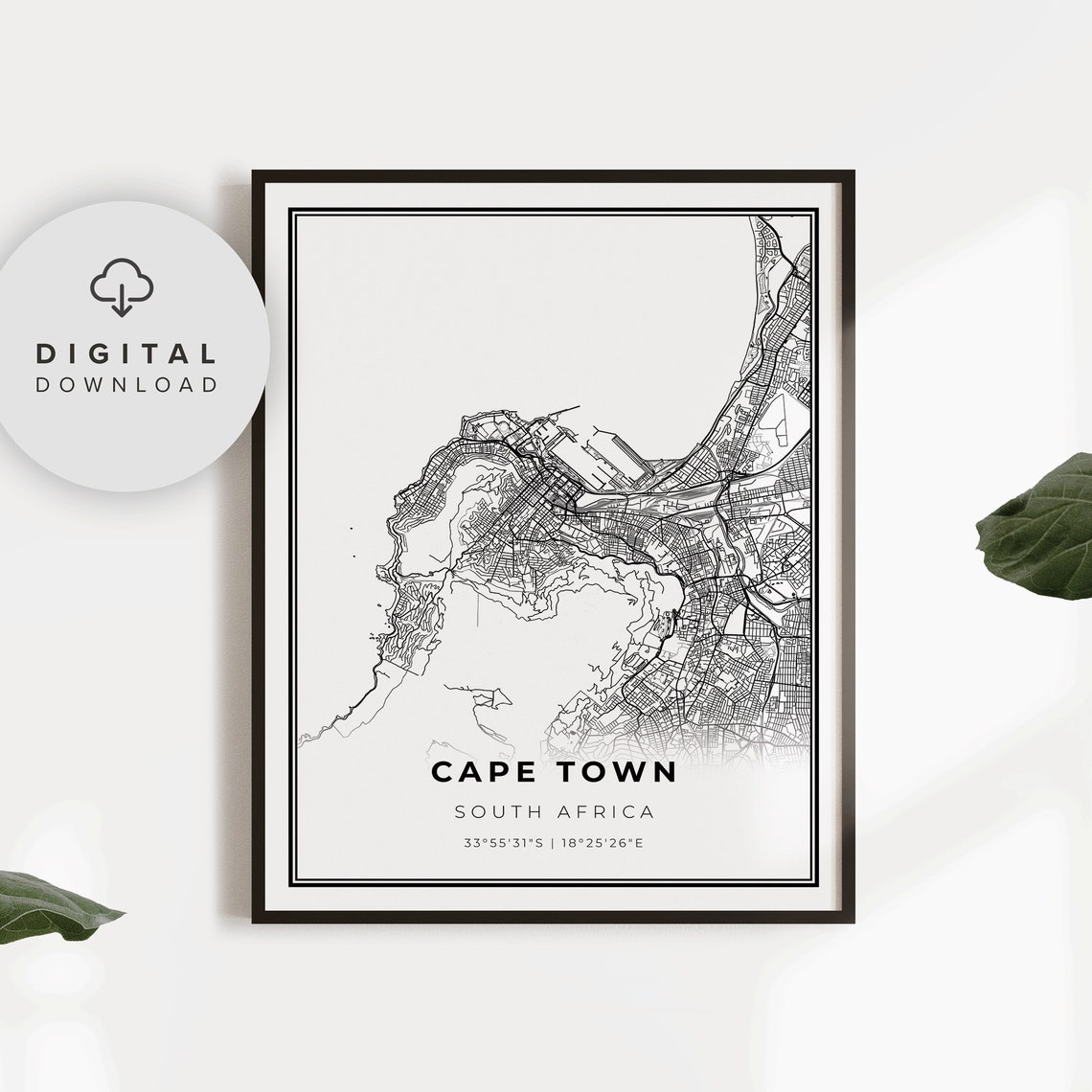 Cape Town South Africa Minimalist Black White Street Map Poster