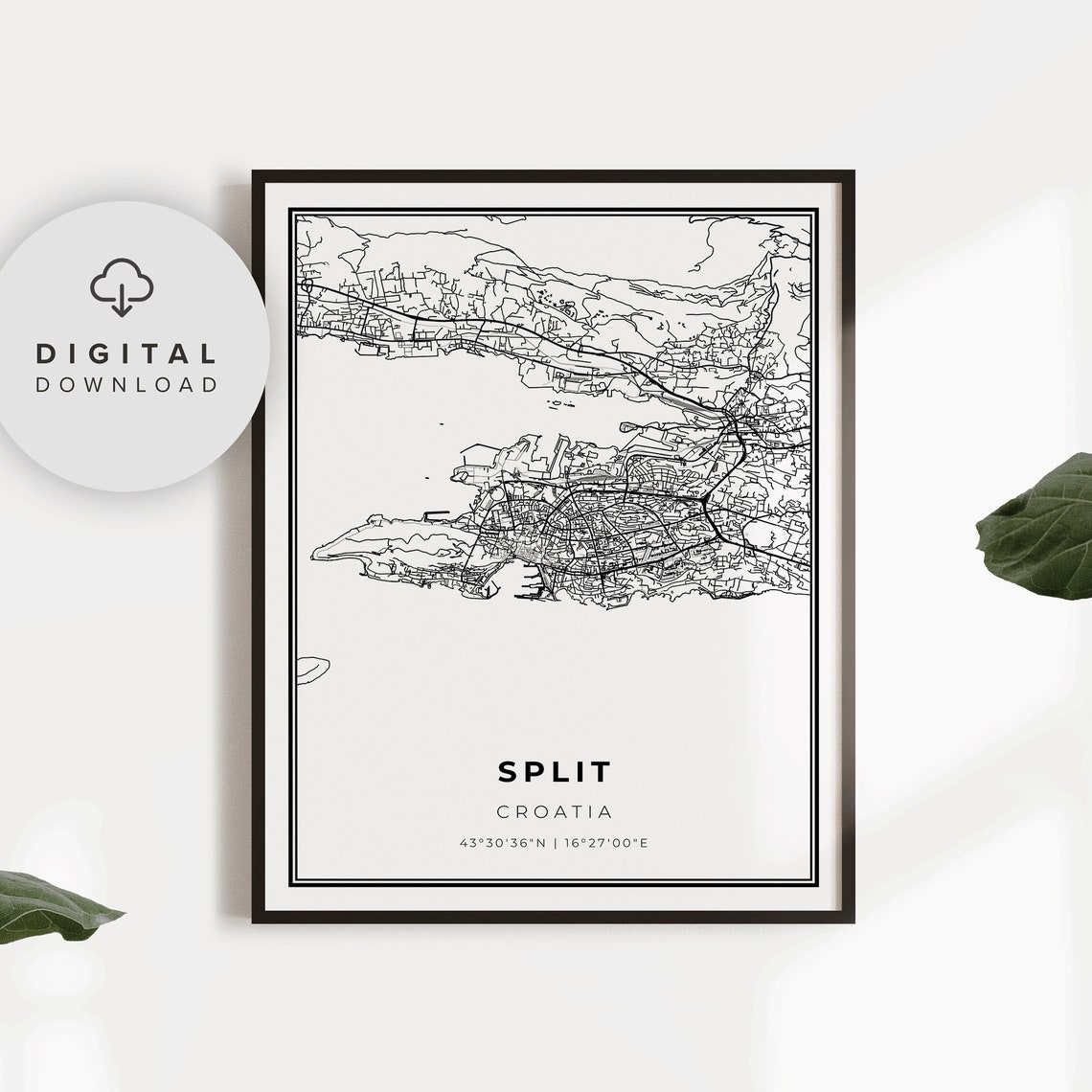 Split Croatia Black and White Minimalist Coastal City Map Poster