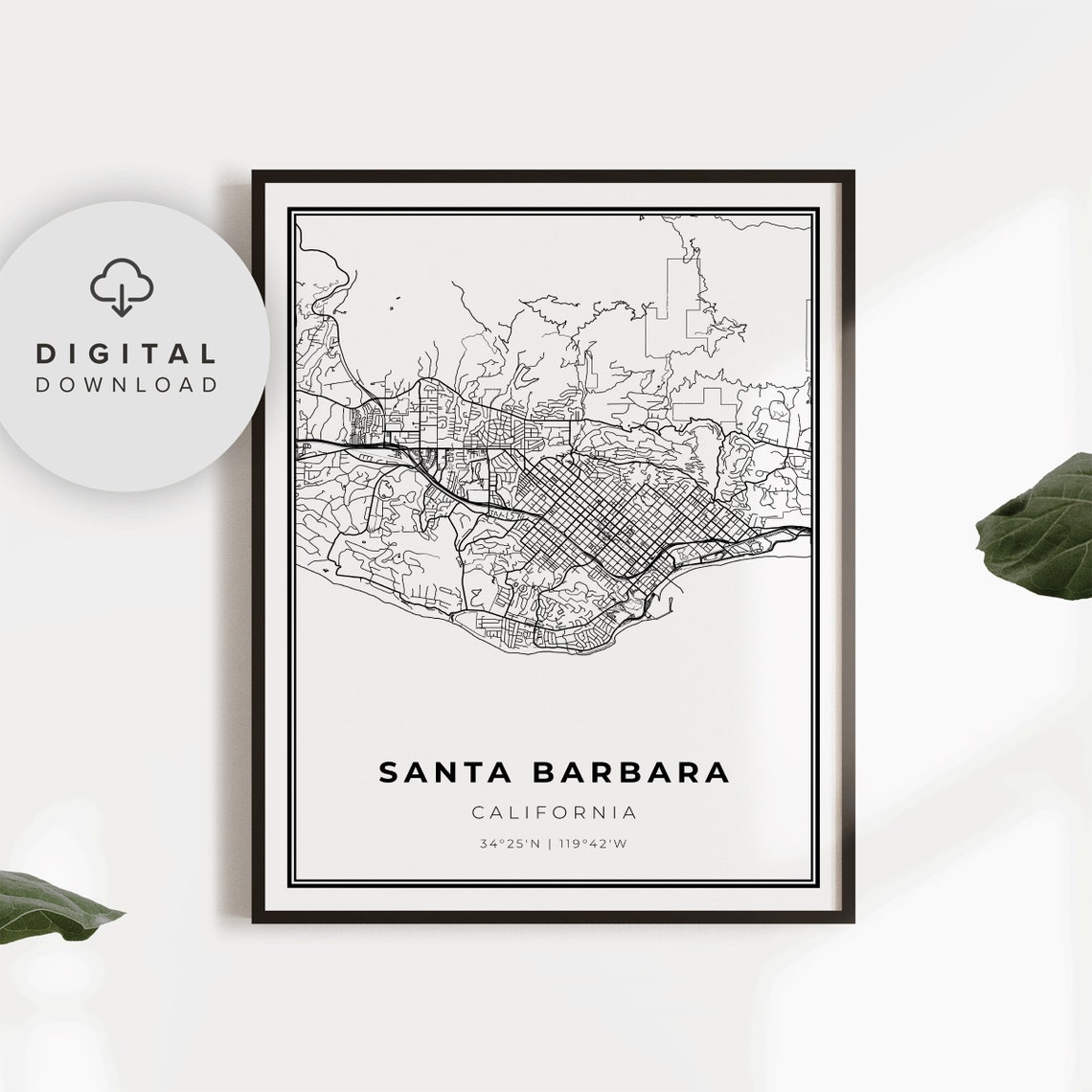 Santa Barbara California Minimalist Black And White City Map Poster