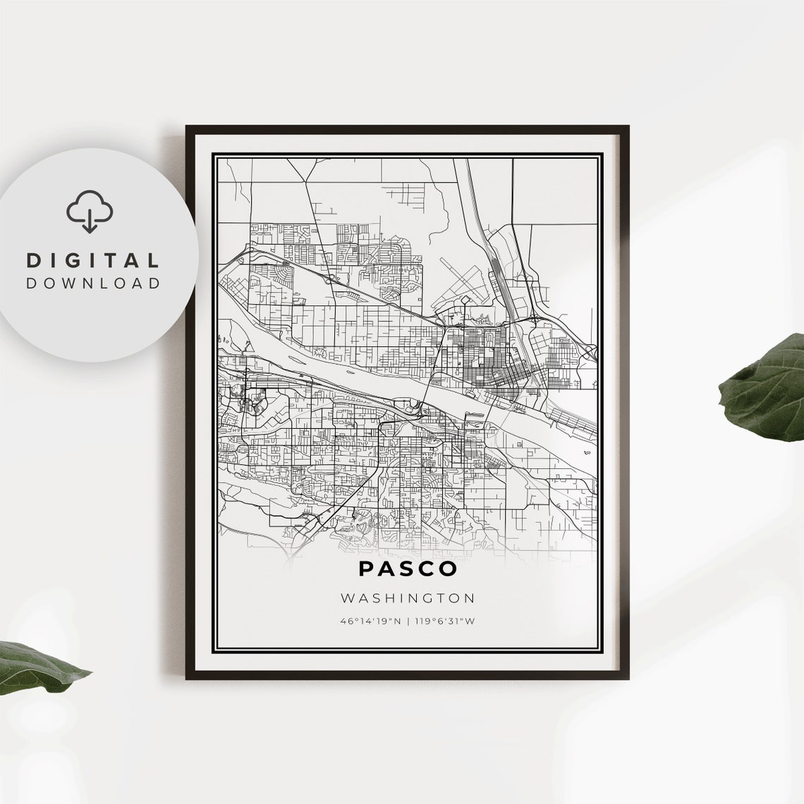 Pasco Washington City Street Map Black And White Minimalist Art Poster