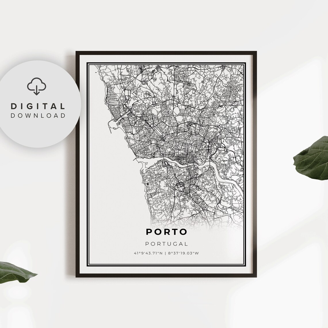 Porto Portugal Minimalist Black Line City Street Map Art Poster