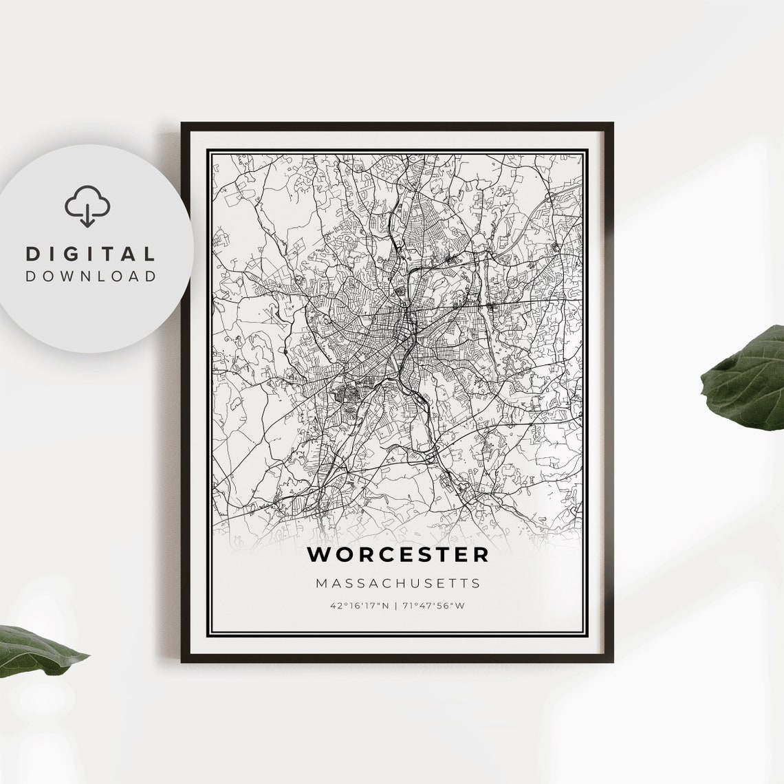 Worcester Massachusetts Black White City Street Map Minimalist Poster