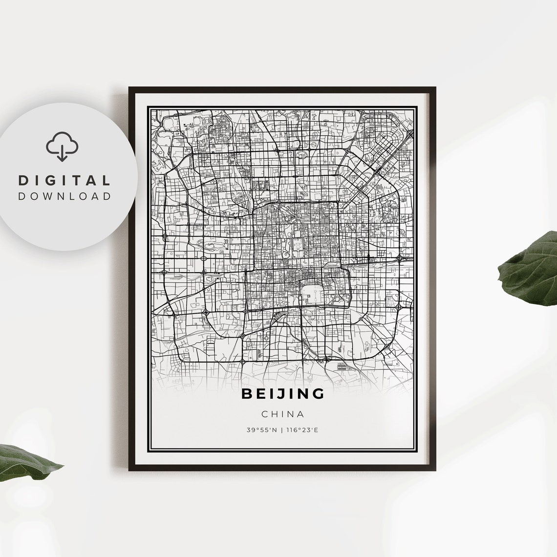 Beijing China Black and White Downtown City Map Coordinates Poster