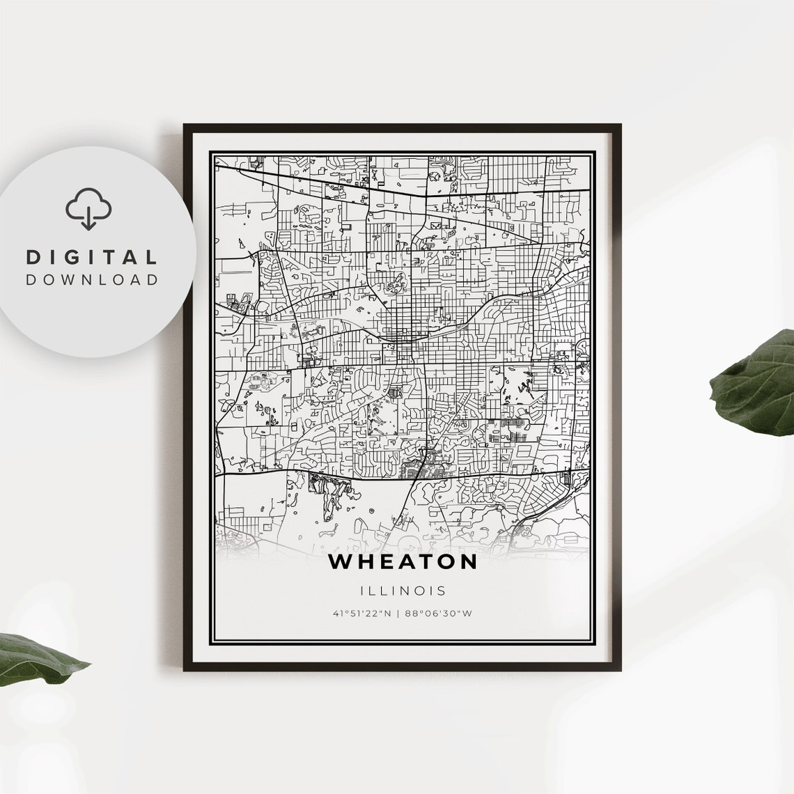 Wheaton Illinois Black and White Minimalist Suburban Map Poster