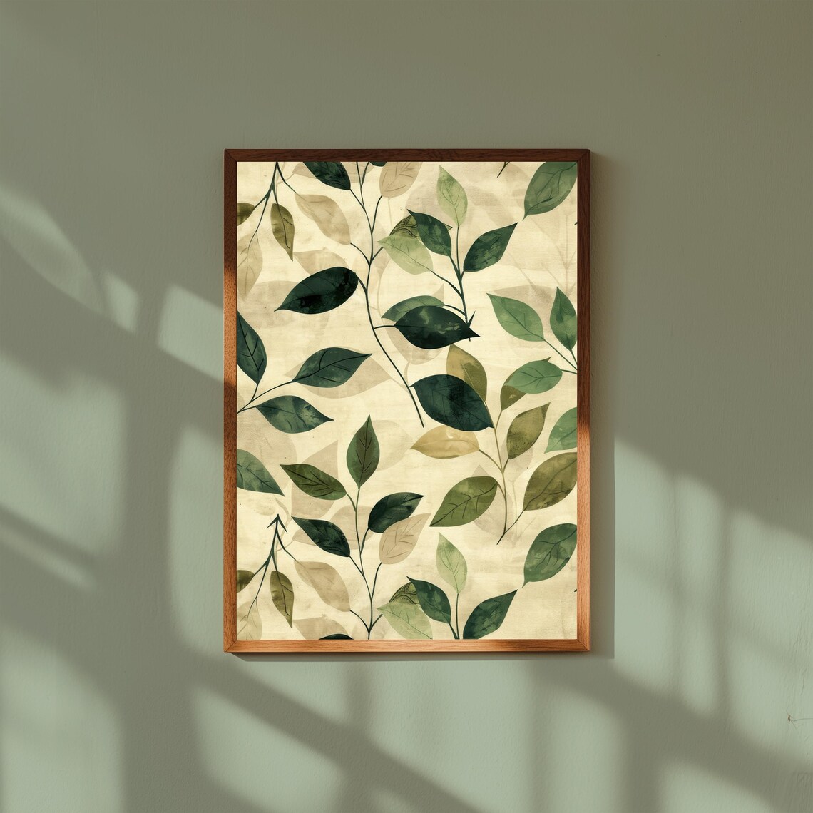 Green Leaf Sprigs Watercolor Botanical Cream Background Wall Print