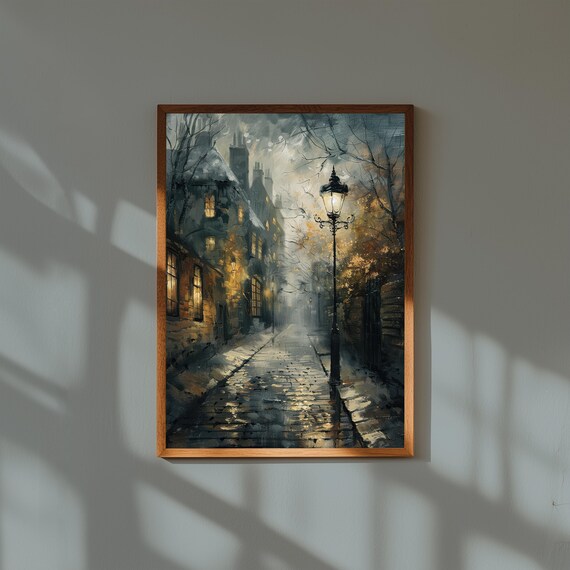 Rainy Cobblestone Street Lamppost Moody Dark Academia City Poster