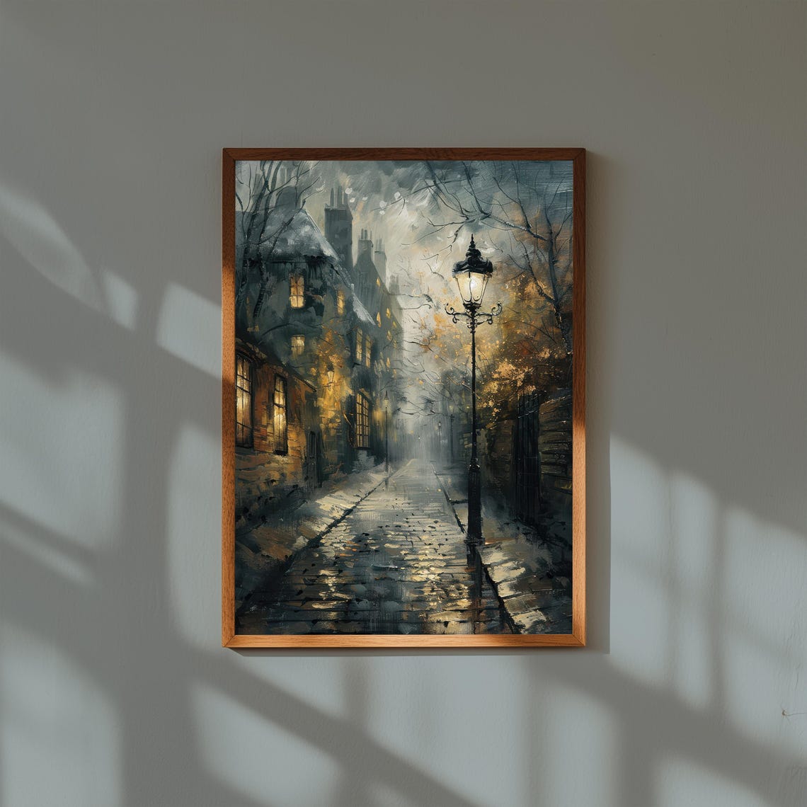 Rainy Cobblestone Street Lamppost Moody Dark Academia City Poster