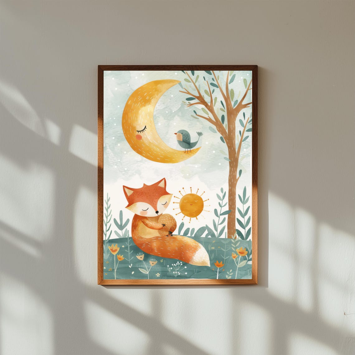 Sleeping Watercolor Fox Under Crescent Moon Night Nursery Poster