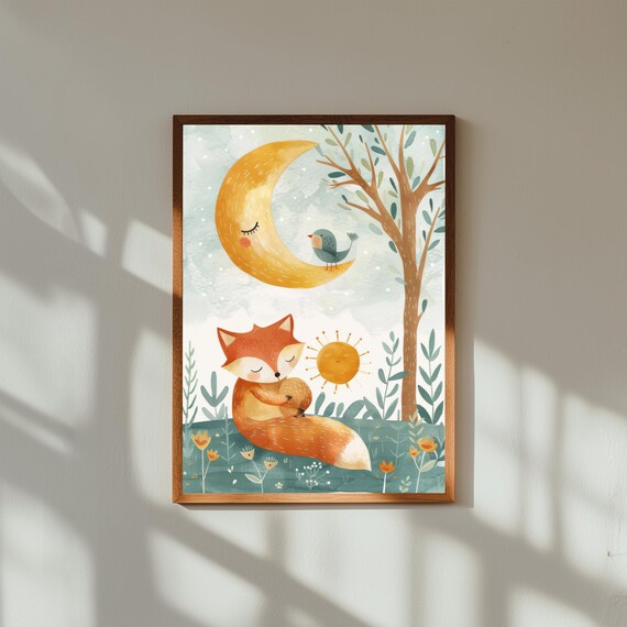 Sleeping Watercolor Fox Under Crescent Moon Night Nursery Poster
