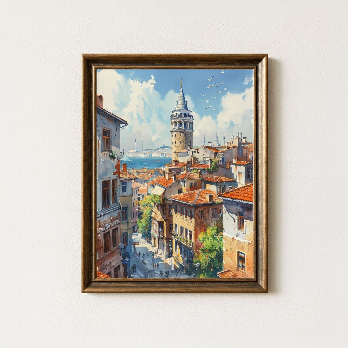 Galata Tower Istanbul Old Town Street Watercolor Cityscape Poster