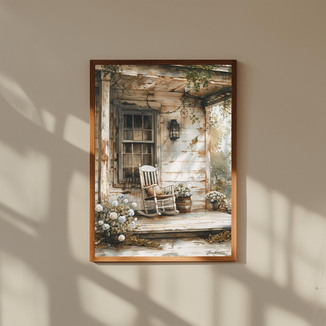 Farmhouse Porch Rocking Chair Flower Pot Art Print