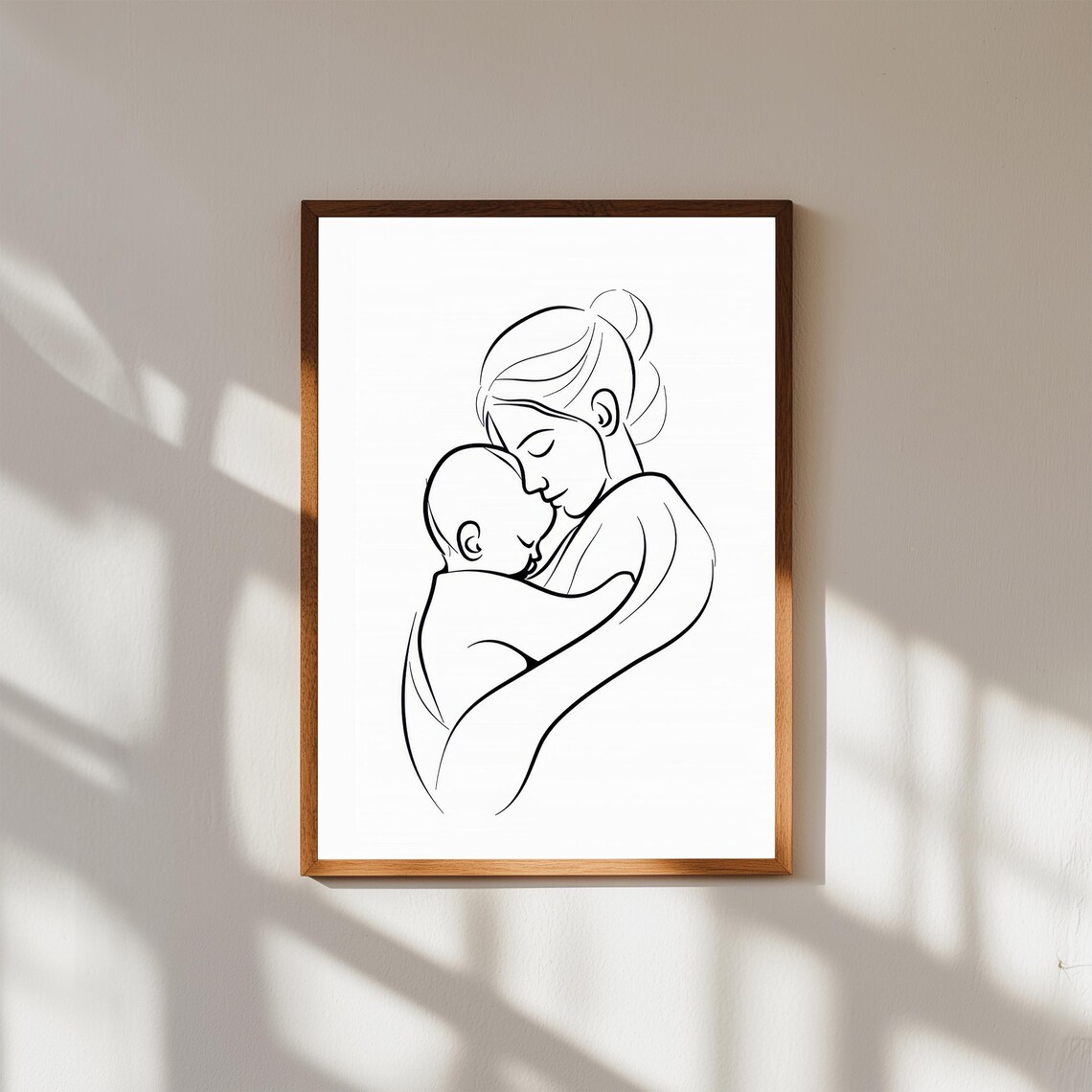 Minimalist Mother Cradling Sleeping Baby Line Art Nursery Wall Poster