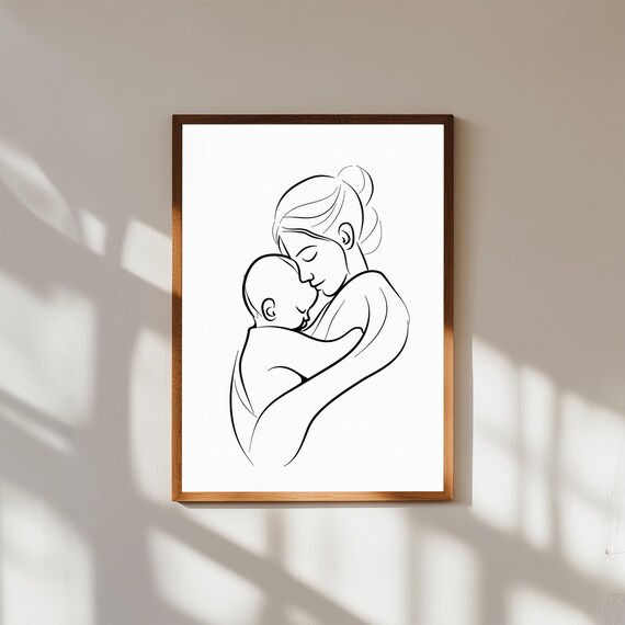 Minimalist Mother Cradling Sleeping Baby Line Art Nursery Wall Poster