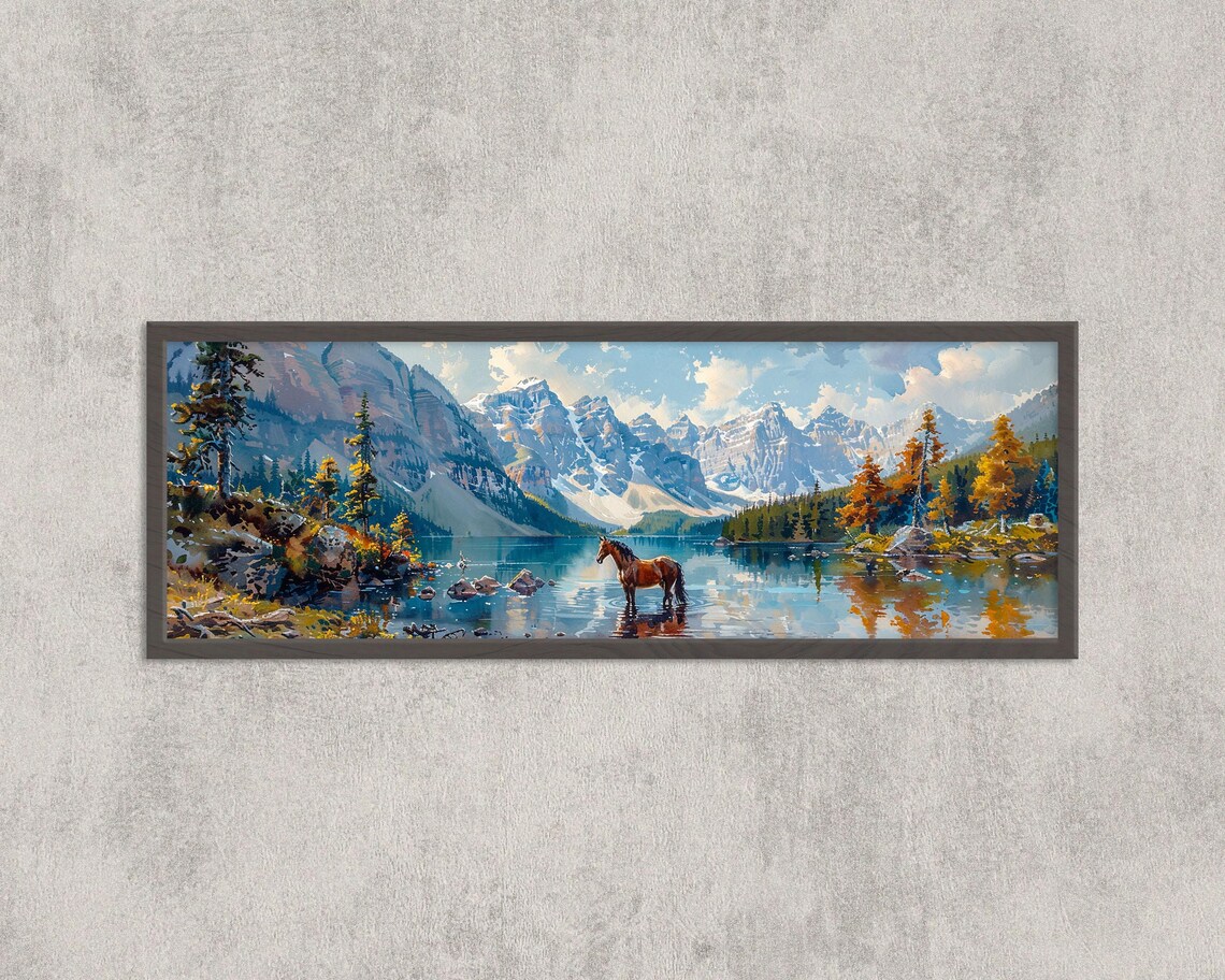 Moraine Lake Banff Mountain Horse Watercolor Panorama Poster