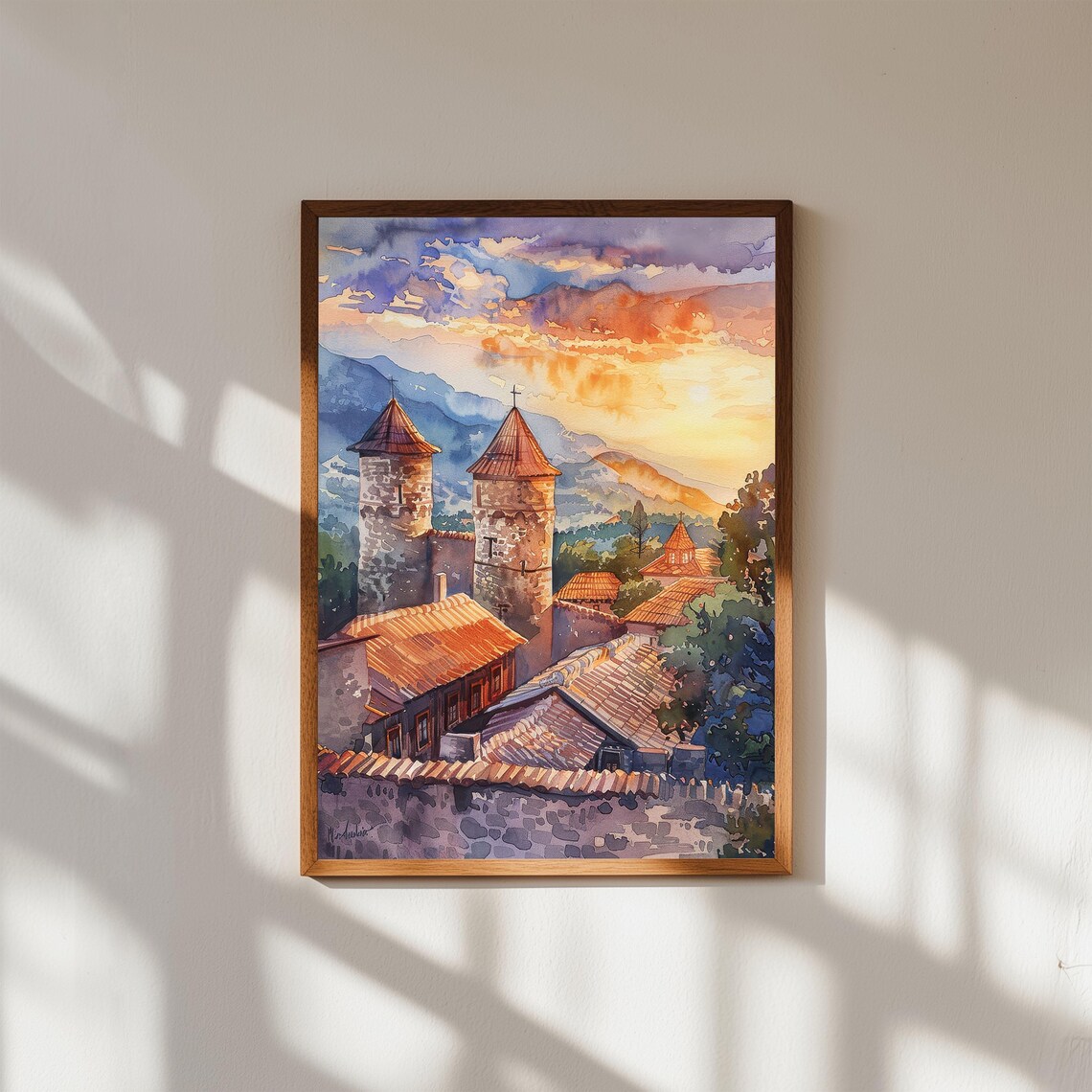 Mestia Georgia Svaneti Stone Towers Mountain Sunset Watercolor Poster