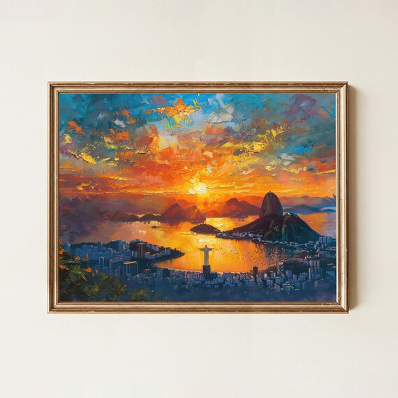 Rio De Janeiro Sunset Christ The Redeemer Bay Cityscape Print