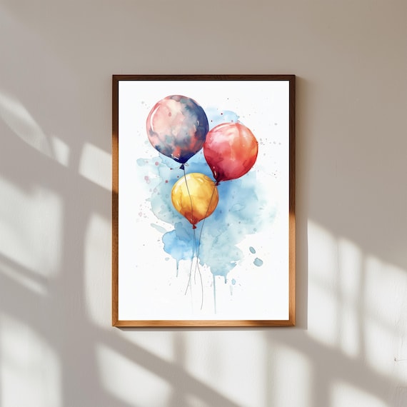 Trio of Bright Watercolor Balloons Blue Red Gold Nursery Art Print