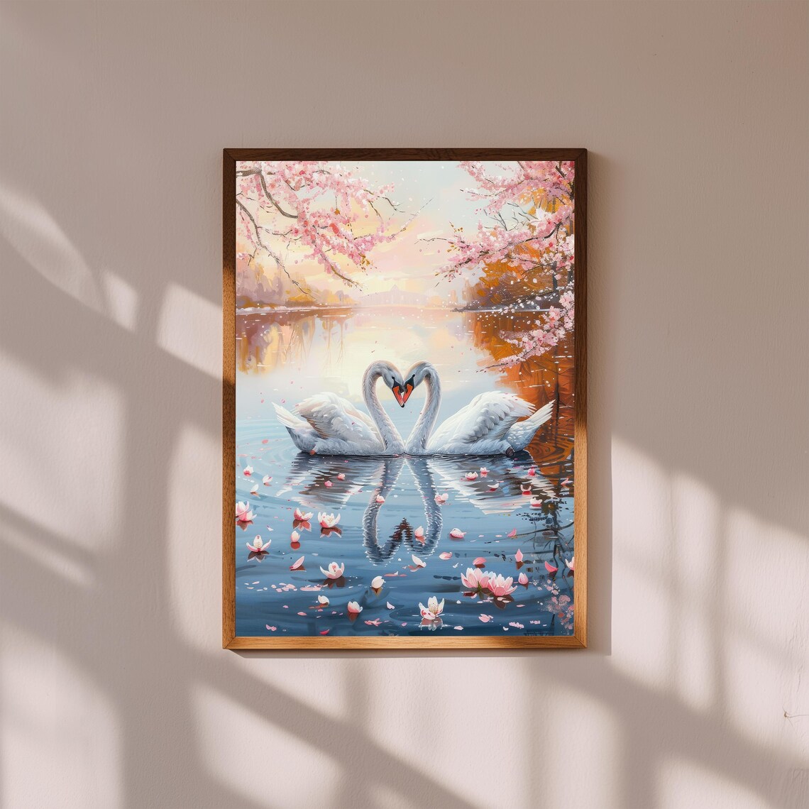 Swan Heart Romantic Lake Cherry Blossom Petals Love Birds Art Poster