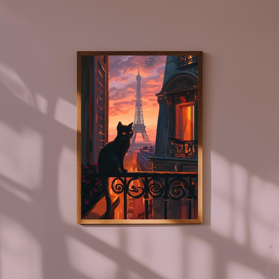 Black Cat Paris Balcony Eiffel Tower Sunset Romantic French City Poster