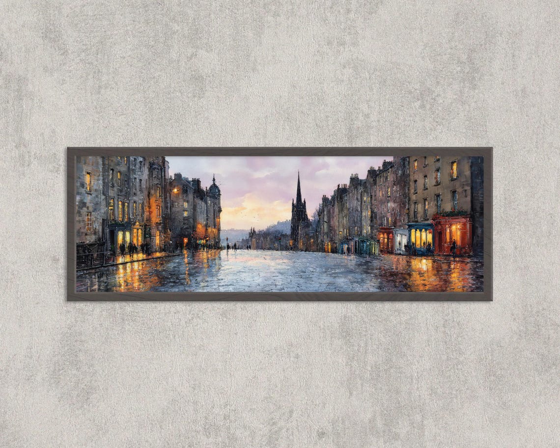 Rainy Cobblestone Street at Dusk Historic Old Town Panoramic Poster