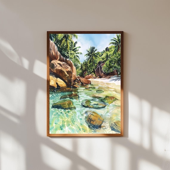 Seychelles Turquoise Lagoon Granite Boulders Watercolor Poster