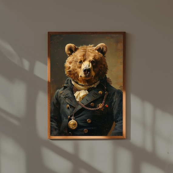 Regal Bear in Navy Captain Uniform Vintage Oil Style Animal Portrait Poster