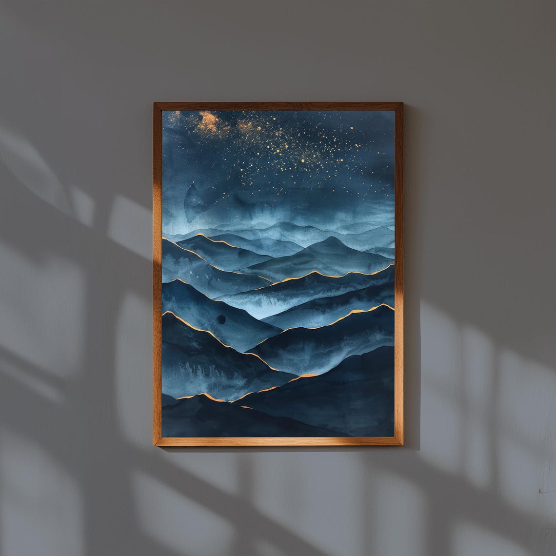 Starry Night Over Blue Mountain Ridges Gold Edged Celestial Art Poster