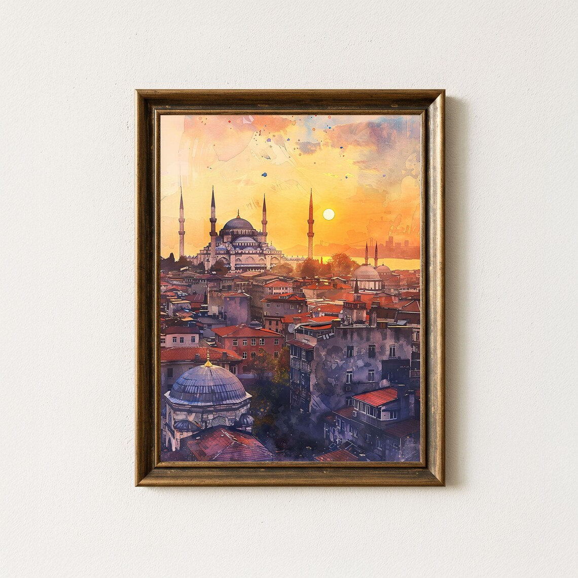 Istanbul Sunset Watercolor Art Print, Turkey Cityscape