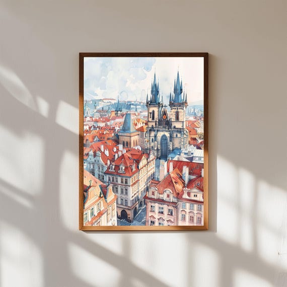 Prague Old Town Rooftops Watercolor Aerial View Gothic Towers Poster