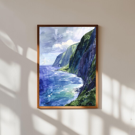 Dramatic Sea Cliffs Coastal Watercolor Ocean Waves Landscape Wall Art