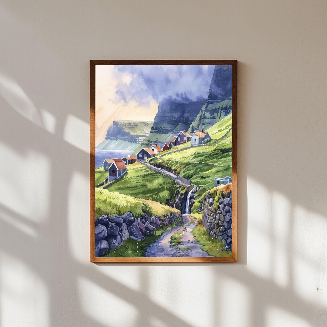 Faroe Islands Green Valley Watercolor Nordic Village Cliffside Print