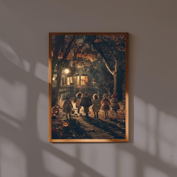 Vintage Halloween Trick-or-Treaters Streetlights Art Print