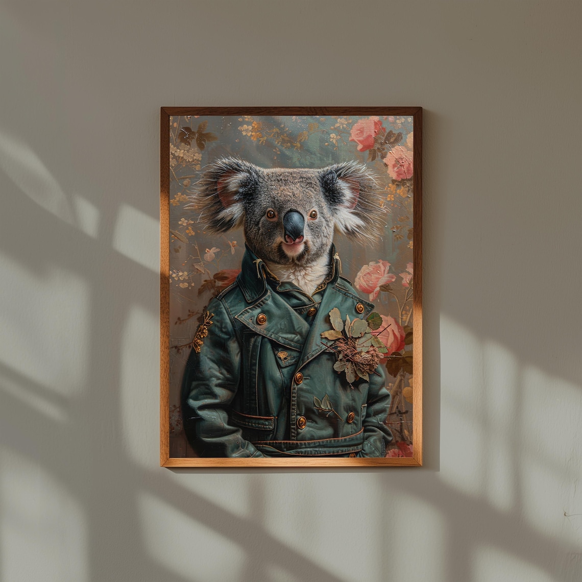 Charming Koala Portrait in Safari Jacket Floral Oil Painting Print