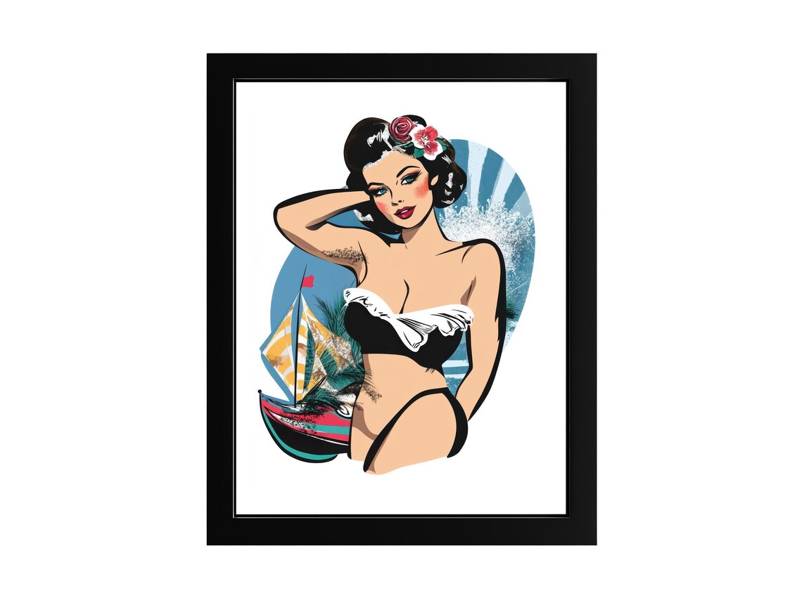 Vintage Pin-Up Girl Summer Bikini Sailboat Illustration Poster