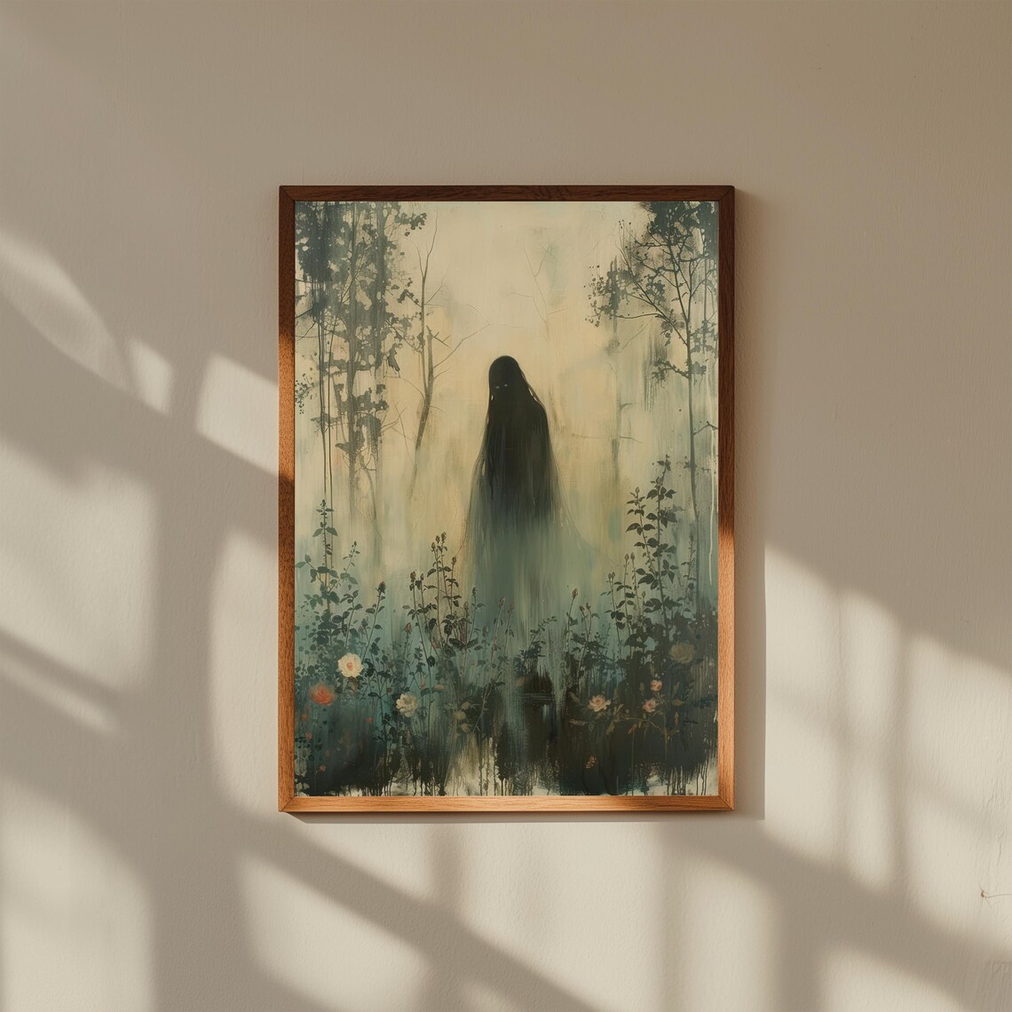 Dark Ghostly Figure In Foggy Overgrown Garden At Twilight Poster