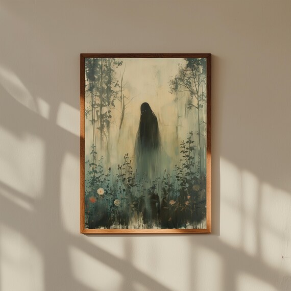 Dark Ghostly Figure In Foggy Overgrown Garden At Twilight Poster