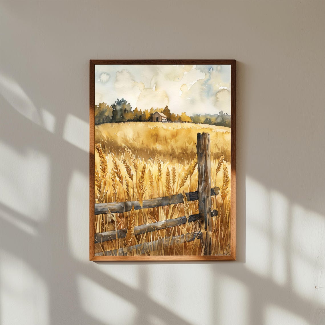 Golden Wheat Field with Rustic Wooden Fence and Old Barn Scene Poster