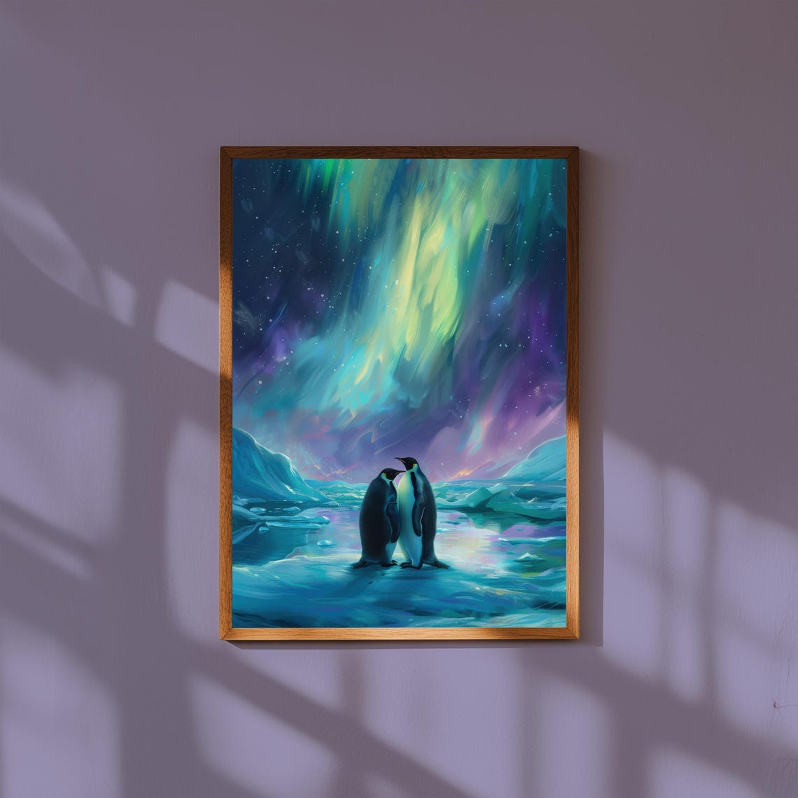 Aurora Borealis Penguins Arctic Night Romantic Icy Landscape Poster