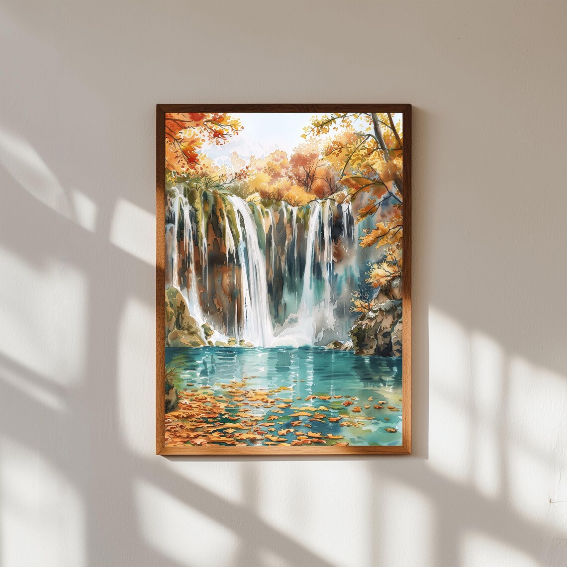 Plitvice Waterfalls Autumn Lake With Floating Leaves Watercolor Poster