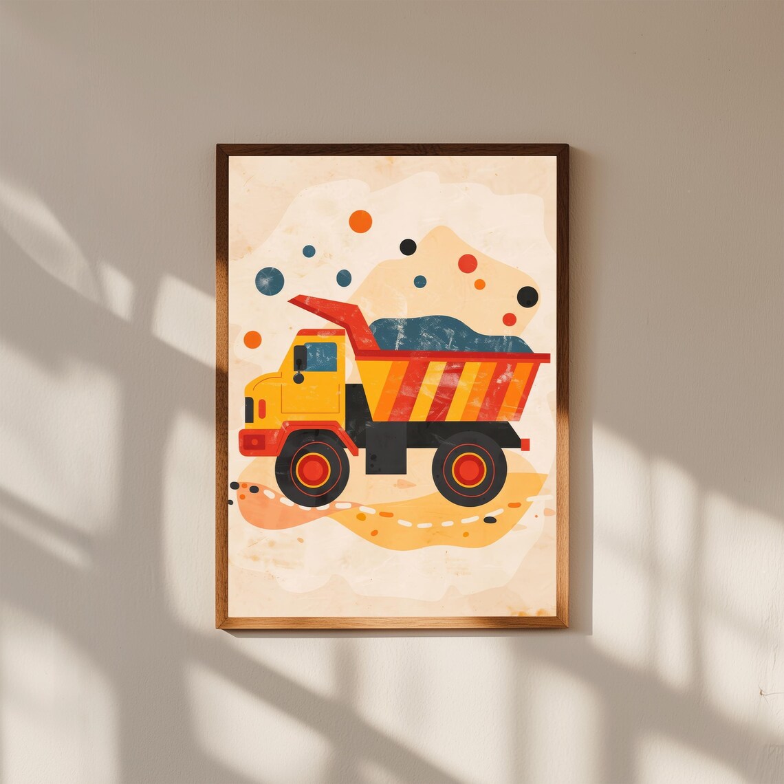 Colorful Red Yellow Dump Truck Cartoon Confetti Kids Room Art Print