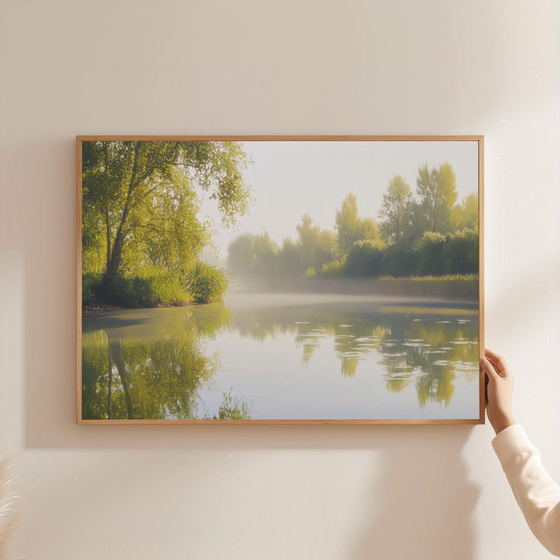 French River Misty Morning Landscape Willow Trees Calm Water Art Print