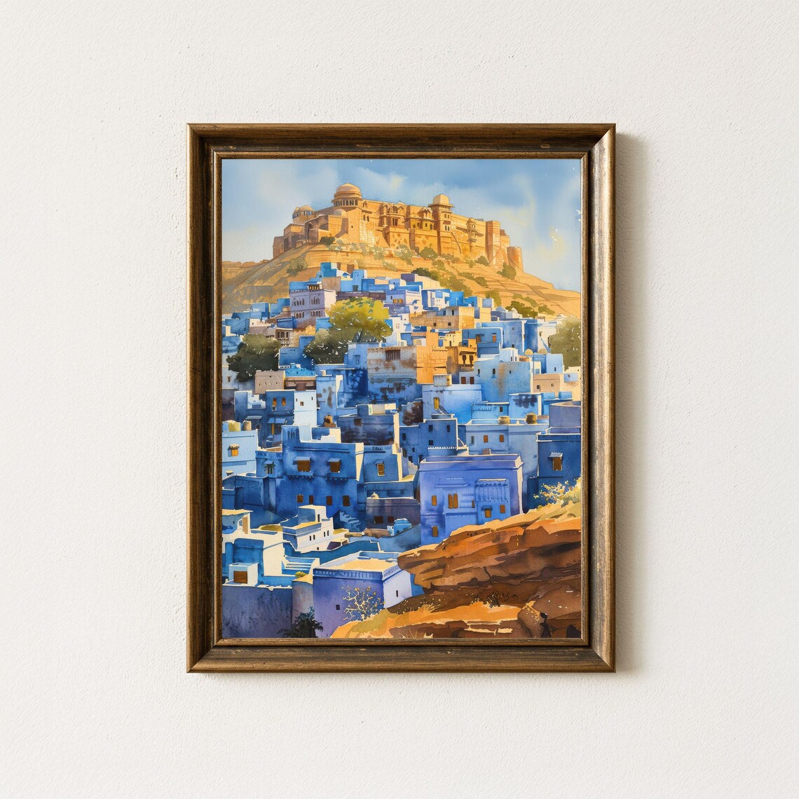 Jodhpur Blue City India Watercolor Mehrangarh Fort Landscape Poster