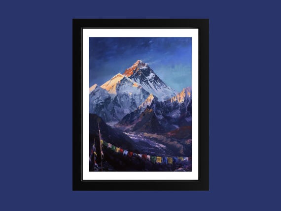 Mount Everest At Dawn Oil Painting Glowing Icy Ridges Fine Art Print Dramatic Mountain Landscape Wall Decor First Light Summit Scene