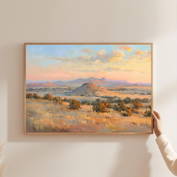 African Savanna Sunset Golden Grassland Hills Peaceful Landscape Wall Art