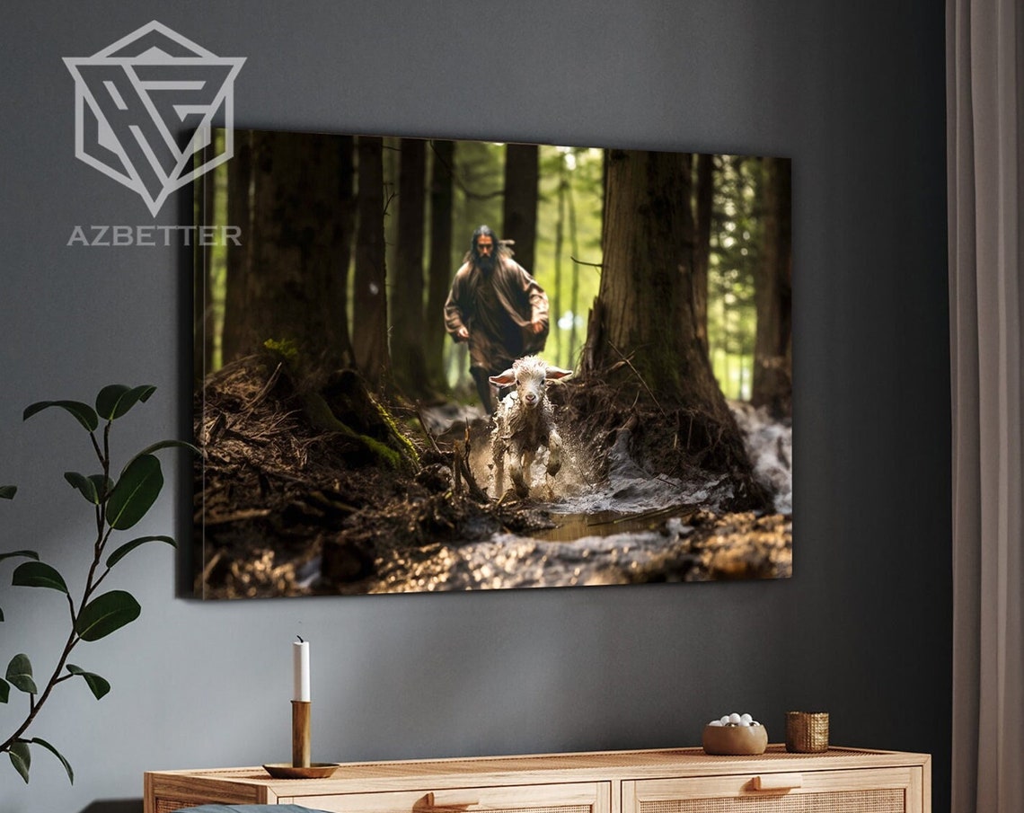 Jesus Running After Lost Lamb Good Shepherd Forest Rescue Art Poster - Image 5