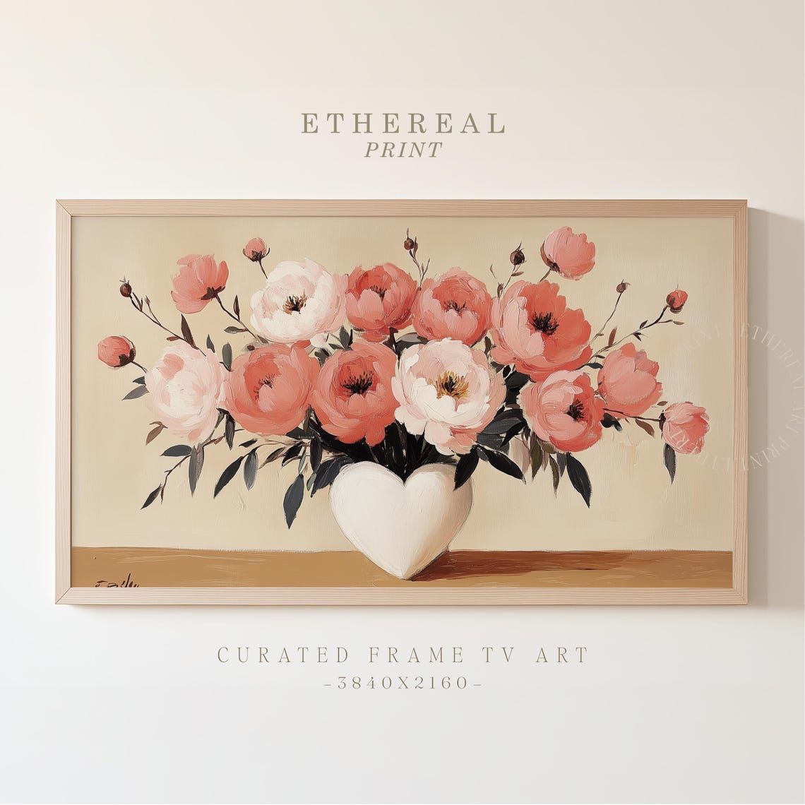 Coral Pink Peonies In White Heart Vase Botanical Painting Wall Art