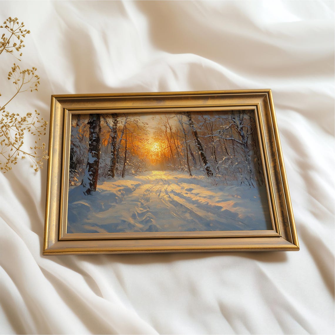 Golden Sunset Over Snowy Birch Forest Winter Glow Oil Art Print - Image 3
