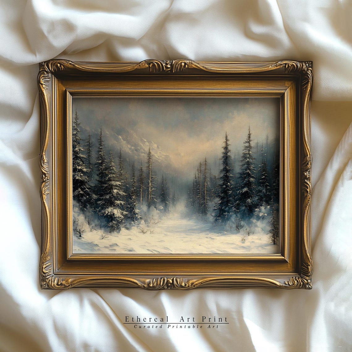 Snow Covered Pine Forest Painting Misty Winter Mountain Wall Art - Image 2