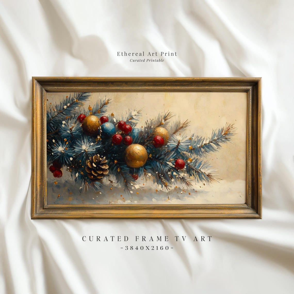 Snowy Pine Branch Ornaments Berries Festive Painting Wall Art